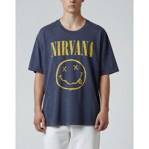Nirvana Graphic T-Shirt Navy Blue With Yellow Logo Unisex L 50% Cotton 50% Polye